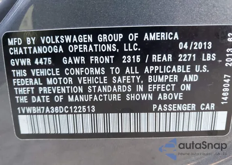 2013 Volkswagen Passat 2.5L Se из США, поврежденный, VIN 1VWBH7A36DC122513